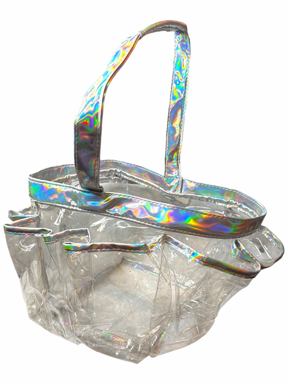 Holographic Clear Tote Bag/Caddy with Iridescent Silver Tone Trim